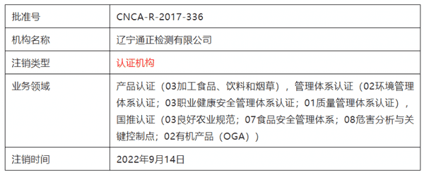 认证机构辽宁通正检测有限公司已经注销